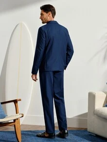 VeloEdit Men's Solid Color Front Button Long Sleeve Suit Blazer And Trousers Business Suit Set, Formal Wedding - Navy Blue - View 2