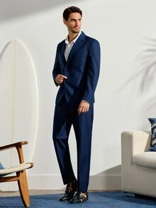 VeloEdit Men's Solid Color Front Button Long Sleeve Suit Blazer And Trousers Business Suit Set, Formal Wedding - Navy Blue - View 3