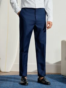VeloEdit Men's Solid Color Front Button Long Sleeve Suit Blazer And Trousers Business Suit Set, Formal Wedding - Navy Blue - View 7