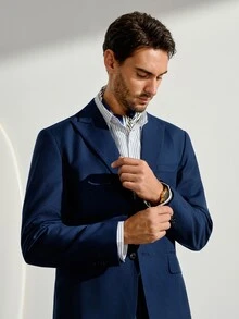 VeloEdit Men's Solid Color Front Button Long Sleeve Suit Blazer And Trousers Business Suit Set, Formal Wedding - Navy Blue - View 6
