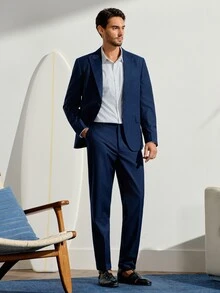 VeloEdit Men's Solid Color Front Button Long Sleeve Suit Blazer And Trousers Business Suit Set, Formal Wedding - Navy Blue - View 5