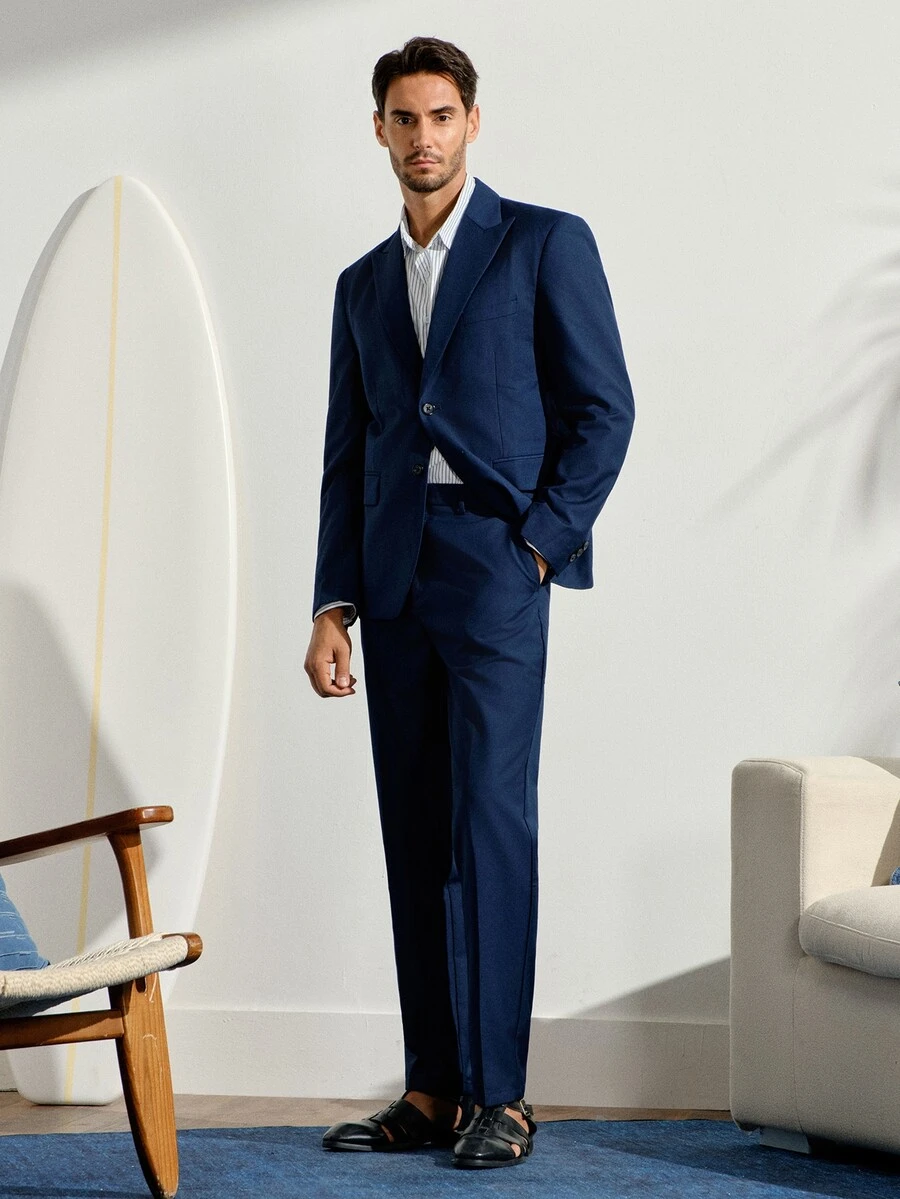 VeloEdit Men's Solid Color Front Button Long Sleeve Suit Blazer And Trousers Business Suit Set, Formal Wedding - Navy Blue - View 1