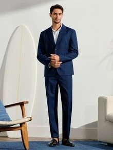 VeloEdit Men's Solid Color Front Button Long Sleeve Suit Blazer And Trousers Business Suit Set, Formal Wedding - Navy Blue - View 4