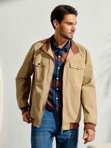 VeloEdit Men's Casual Daily Wear Top, Zipper Long Sleeve Jacket, Autumn Style - Khaki - View 1