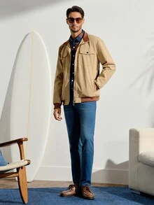 VeloEdit Men's Casual Daily Wear Top, Zipper Long Sleeve Jacket, Autumn Style - Khaki - View 8