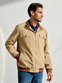 VeloEdit Men's Casual Daily Wear Top, Zipper Long Sleeve Jacket, Autumn Style - Khaki - View 5