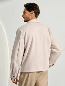 VeloEdit Manfinity CasualCool 男士成熟休閒風灰色羊毛翻領鈕扣開襟夾克，男裝夾克大衣，標準版型，適合萬聖節、聖誕節、日常出遊、商務休閒會議，INS 風男士外套，週年紀念送男友/丈夫的完美禮物，男士短版夾克 - 杏色 - 查看 2