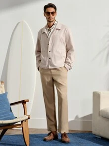 VeloEdit Manfinity CasualCool 男士成熟休閒風灰色羊毛翻領鈕扣開襟夾克，男裝夾克大衣，標準版型，適合萬聖節、聖誕節、日常出遊、商務休閒會議，INS 風男士外套，週年紀念送男友/丈夫的完美禮物，男士短版夾克 - 杏色 - 查看 3
