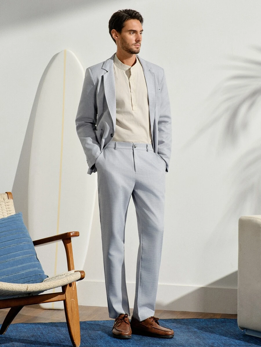 VeloEdit Men's 2 Piece Summer Suit Set, V-Neck Blazer And Pants, Lightweight Formal Old Money Outfit For Business, Wedding, Bridesmaid And Commute - Grey - View 1