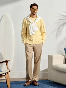 VeloEdit Men's Business Casual Khaki Summer Work Dress Pants,Striped Woven High Waisted Pleated Trousers,Cone-Shaped Formal Beige Cream Pants For Men Commute‌ Old Money Wedding - Khaki - View 2