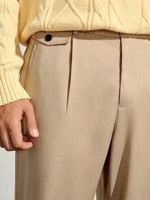 VeloEdit Men's Business Casual Khaki Summer Work Dress Pants,Striped Woven High Waisted Pleated Trousers,Cone-Shaped Formal Beige Cream Pants For Men Commute‌ Old Money Wedding - Khaki - View 6