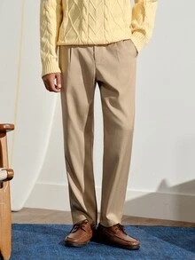 VeloEdit Men's Business Casual Khaki Summer Work Dress Pants,Striped Woven High Waisted Pleated Trousers,Cone-Shaped Formal Beige Cream Pants For Men Commute‌ Old Money Wedding - Khaki - View 1