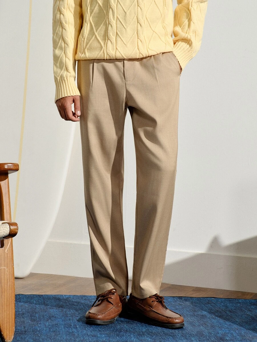 VeloEdit Men's Business Casual Khaki Summer Work Dress Pants,Striped Woven High Waisted Pleated Trousers,Cone-Shaped Formal Beige Cream Pants For Men Commute‌ Old Money Wedding - Khaki - View 1