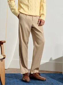 VeloEdit Men's Business Casual Khaki Summer Work Dress Pants,Striped Woven High Waisted Pleated Trousers,Cone-Shaped Formal Beige Cream Pants For Men Commute‌ Old Money Wedding - Khaki - View 5