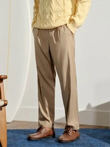 VeloEdit Men's Business Casual Khaki Summer Work Dress Pants,Striped Woven High Waisted Pleated Trousers,Cone-Shaped Formal Beige Cream Pants For Men Commute‌ Old Money Wedding - Khaki - View 4