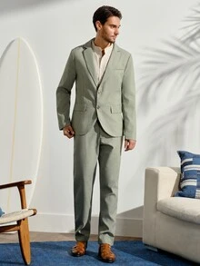 VeloEdit 男士純色翻領長袖西裝外套與長褲套裝，婚禮適用 - 綠色 - 查看 5