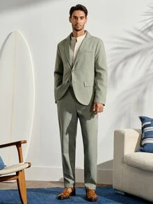 VeloEdit 男士純色翻領長袖西裝外套與長褲套裝，婚禮適用 - 綠色 - 查看 4