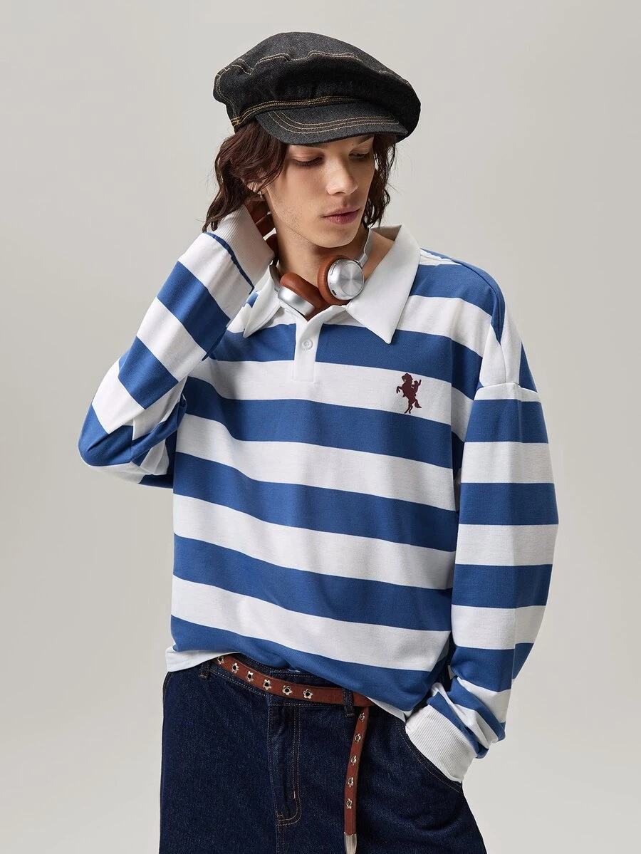 Vaulklash 男士休闲拼色条纹 Polo 长袖衬衫,秋季 - 彩色 - 查看 1