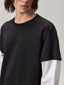 Vaulklash 宽松版型男士字母拼接插肩袖二合一运动衫，秋季 - 黑與白 - 查看 8