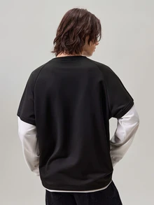 Vaulklash 宽松版型男士字母拼接插肩袖二合一运动衫，秋季 - 黑與白 - 查看 3