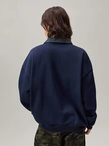 Vaulklash 男士春秋休閒標準尺寸黑色翻領刺繡套頭運動衫 - 藏蓝色 - 查看 3