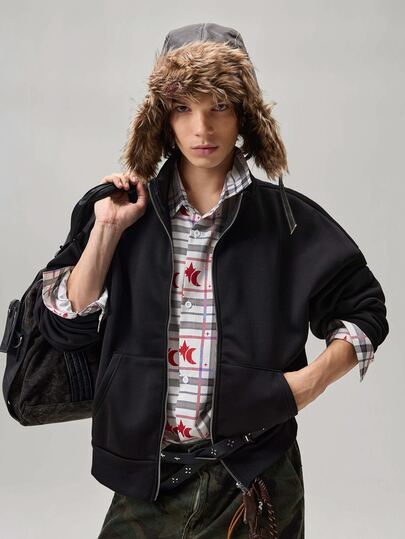 Vaulklash Men Black Casual Zip Up Hoodie,Autumn Basic Work Long Sleeve Top,Vintage Streetwear Fall Jacket,Valentine's Day Gift For My Boyfriend,Spring To Summer