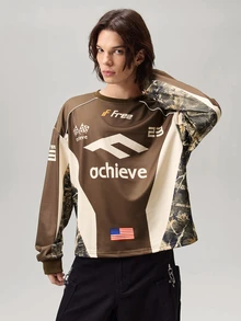Vaulklash 1pc Men's Loose Fit Pullover Sweatshirt,All Shades Of Brown,Winter,Streetwear,Gym,Racing Graphic,Contrast Color Design,Short Casual Top,Long Sleeve - Khaki - View 5