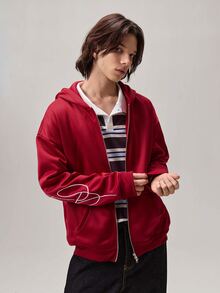 Vaulklash 男士创意文字图案刺绣金属拉链套头连帽衫，深酒红色拉链连帽衫，圣诞节礼物，长袖上衣 - 酒紅色 - 查看 4