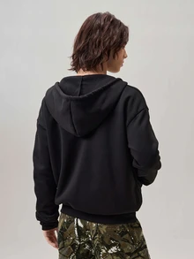 Vaulklash 男士休闲时尚街头连帽衫，十字刺绣，拉链前襟，抽绳设计，宽松版型，适合春秋季日常通勤。 - 黑色 - 查看 3