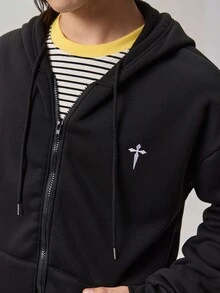 Vaulklash 男士休闲时尚街头连帽衫，十字刺绣，拉链前襟，抽绳设计，宽松版型，适合春秋季日常通勤。 - 黑色 - 查看 8