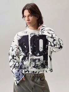 Vaulklash 男士 Y2K 数字印花长袖套头卫衣，秋季款 - 彩色 - 查看 4