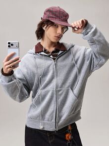 Vaulklash 男士纯色拉链连帽长袖运动衫，秋季 - 淺灰色 - 查看 4