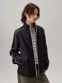 Vaulklash 男士立领拉链休闲宽松外套 - 黑色 - 查看 7