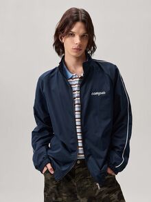 Vaulklash Men's Letter Graphic Long Sleeve Zip Front Casual Track Jacket, Fall Outdoor Windbreaker - Blue - View 5