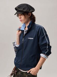 Vaulklash Men's Letter Graphic Long Sleeve Zip Front Casual Track Jacket, Fall Outdoor Windbreaker - Blue - View 6