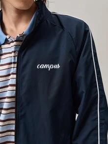 Vaulklash Men's Letter Graphic Long Sleeve Zip Front Casual Track Jacket, Fall Outdoor Windbreaker - Blue - View 8