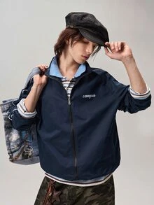 Vaulklash Men's Letter Graphic Long Sleeve Zip Front Casual Track Jacket, Fall Outdoor Windbreaker - Blue - View 1