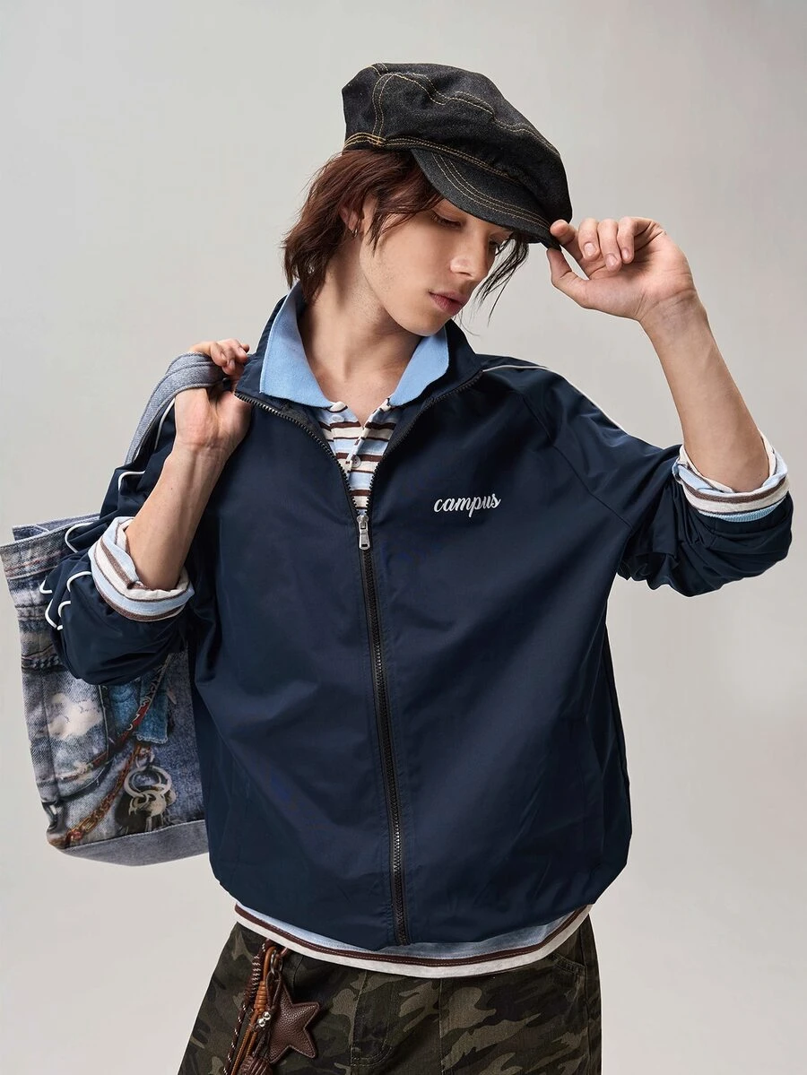 Vaulklash Men's Letter Graphic Long Sleeve Zip Front Casual Track Jacket, Fall Outdoor Windbreaker - Blue - View 1