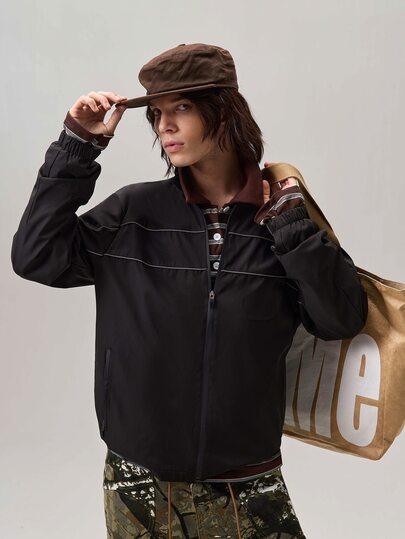 男士休闲时尚百搭长袖短款夹克，Techwear Y2k 短款拉链跑道风衣夹克，秋季，垃圾摇滚