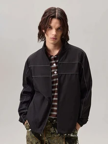 男士休闲时尚百搭长袖短款夹克，Techwear Y2k 短款拉链跑道风衣夹克，秋季，垃圾摇滚 - 烏鴉 - 查看 6
