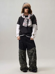 Vaulklash Vintage Streetwear Fashion Versatile Rivet Patchwork Multi-Pocket Design Loose Straight Leg Casual Jeans - Black - View 2