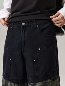 Vaulklash Vintage Streetwear Fashion Versatile Rivet Patchwork Multi-Pocket Design Loose Straight Leg Casual Jeans - Black - View 8
