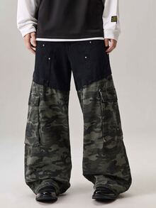 Vaulklash Vintage Streetwear Fashion Versatile Rivet Patchwork Multi-Pocket Design Loose Straight Leg Casual Jeans - Black - View 6