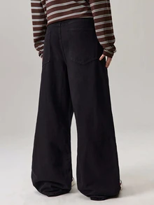 Vaulklash Men's Black Solid Color Front Button Denim Wide Leg Jeans,Casual Versatile Straight Pants,Summer Street Wear Holiday - Pure Black - View 3