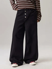 Vaulklash Men's Black Solid Color Front Button Denim Wide Leg Jeans,Casual Versatile Straight Pants,Summer Street Wear Holiday - Pure Black - View 1