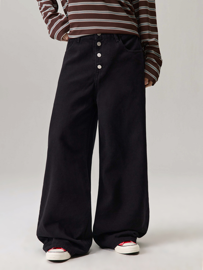 Vaulklash Men's Black Solid Color Front Button Denim Wide Leg Jeans,Casual Versatile Straight Pants,Summer Street Wear Holiday