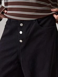 Vaulklash Men's Black Solid Color Front Button Denim Wide Leg Jeans,Casual Versatile Straight Pants,Summer Street Wear Holiday - Pure Black - View 8