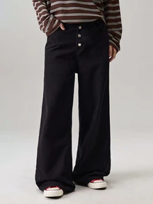 Vaulklash Men's Black Solid Color Front Button Denim Wide Leg Jeans,Casual Versatile Straight Pants,Summer Street Wear Holiday - Pure Black - View 4