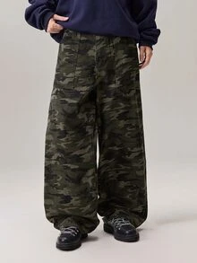 Vaulklash 男士时尚街头迷彩斜插口袋宽松阔腿牛仔裤 - 軍綠色 - 查看 5