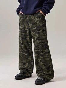 Vaulklash 男士时尚街头迷彩斜插口袋宽松阔腿牛仔裤 - 軍綠色 - 查看 1
